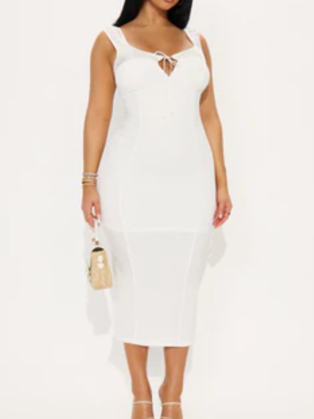 White Sleeveless Bodycon Midi Dress with Tie Front